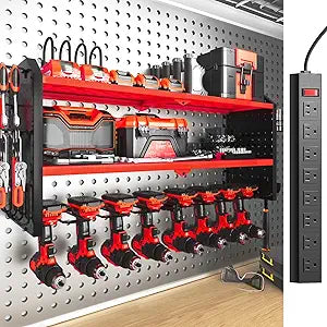 SOYEEZE Large Power Tool Organizer Wall Mount with Charging Station, 3 Layer Heavy Duty Metal Tool Storage Rack with 8 Drill Holder, Tool Holder Built in 8 Outlet Power Strip-Red