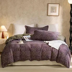 VM VOUGEMARKET Full Duvet Cover Set Purple Green Floral Pattern,3 Pieces Reversible Boho Medallion Jacquard Flower Bedding Set,Linen Cotton Yarn-Dyed Textured Duvet Cover with Zipper Closure
