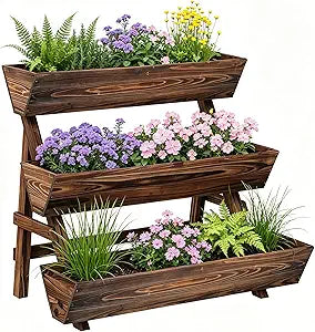 Vertical Wooden Raised Garden Bed, Garden Planters Freestanding Wood Plant Stand Flower Rack Wooden Planter Box for Plants Herbs Flowers Vegetables Outdoor Indoor Gardening (3-Tier Large Carbonized)