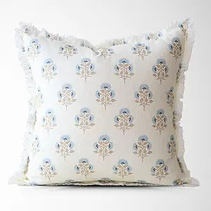 Henrietta Petite Fleur Block Print Pillow Cover  100% Cotton Decorative Throw Pillow Cover  Vintage Floral Coastal Grandma Grandmillennial Style Accent for Sofa, Couch, or Bed (20x20)