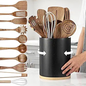 SiliFine 11 Pcs Wooden Kitchen Utensils Set with 360 Rotating Holder Acacia Wood Cooking Utensils with Cooking Spoons Spatulas for Nonstick Cookware Countertop(Straight Wood Holder,Black)