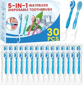 5 in 1 Disposable Travel Toothbrushes, Prepasted Mini On-the-Go Disposable Toothbrushes with Toothpaste Floss Pick Tongue Scraper, Individually Wrapped Travel Toothbrush Set(30PCS,Mint)