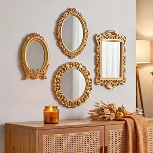 Tellegloww 4 Pcs Vintage Gold Mirrors Set Wall Decorative Antique Mirror