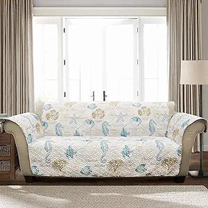 Lush Decor Harbor Life Furniture Protector, Couch Cover, 116" W x 75" L, Blue & Taupe - Quilted Coastal Couch Cover - Nautical Furnishings - Pet Sofa Covers - Furniture Covers For Sofa & Loveseat