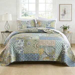 DECMAY 100% Cotton Quilts Queen Size - 3 Piece Sage Green Patchwork Bedspreads Queen Quilt Bedding Set, Lightweight Reversible Coverlet Vintage Farmhouse Comforter with 2 Pillow Shams for All Season