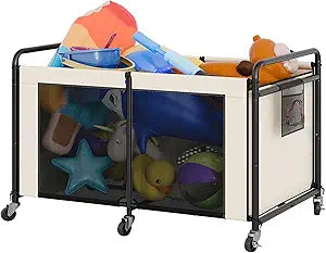 StorageWorks 210 Gallon Pool Float Storage, Mesh Pool Toy Storage Bin with Wheel and Side Pockets, Large Swimming Organizer, Outdoor Noodles Holder, Beige