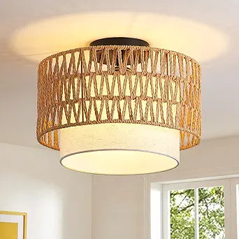 Somniferous Rattan Ceiling Light Fixture, Boho Flush Mount Ceiling Light with Double Drum Shade, Farmhouse Woven Light Fixture for Bedroom, Living Room, Kitchen, Hallway, Entryway, 12.6, E26 Base