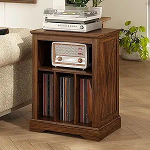 RowyPoey Farmhouse Record Player Stand, 3 Tier End Table, Turntable Stand with Vinyl Record Storage ,Wood Record Holder Cabinet Dispaly Shelf for Living Room,Bedroom,Rustic Brown