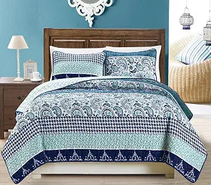 Grand Linen 3-Piece Fine Printed Oversize (100" X 95") Quilt Set Reversible Bedspread Coverlet Full/Queen Size Bed Cover (Navy Blue Paisley)