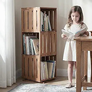 Wooden Rotating Bookshelf, 360Spinning Deep-Bin Tower for Art Books&Large Formats, Solid Wood Revolving Bookcase, Floor Standing Storage Rack,Corner Organizer,Small Space,study,Office, 3-Tier