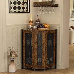 JKsmart Corner Storage Cabinet with Open Shelf, 3-Tier Industrial Wine Bar Shelf with Door, Industrial Corner Cabinet for Kitchen, Dining Room, Rustic Brown