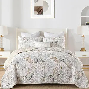 WONGS BEDDING Paisley Quilt Set Queen Size,3 Pieces Boho Quilt Bedspread, Soft and Lightweight Microfiber Coverlet Bedding Set for All Season(96''x90'')