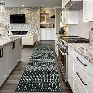 Lahome Moroccan Black Rug 2x8 Washable Non-Skid Kitchen Floor Runner, Low-Profile, Non Slip, Geometric Print Distressed Entryway Runner for Hallways, Laundry Room, Foyer Hana