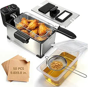 CATTLEMAN Electric Deep Fryer with Basket, 1600W, 3L Small Deep Fryer with Oil Filtration for Home Use, Timer & Temp Control, Viewing Window, Stainless Steel, Fine Mesh Strainer, Oil Storage Container