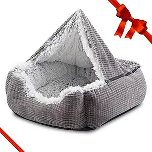 MIXJOY Dog Beds for Medium Large Small Dogs, Rectangle Cave Hooded Blanket Puppy Bed, Luxury Orthopedic Cat Beds for Indoor Cats, Warmth and Machine Washable (25 inches, Grey)