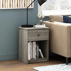 Furinno TIDUR Night Stand, Nightstand with Drawer, Bedside Table, End Table, Side Table with Storage Shelf, Knob Handle Drawer, for Bedroom, Closet, Dorm, Grey Oak