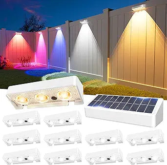 JOFIOS Solar Fence Lights Outdoor, 9 Fixed Colors  Color Changing Fence Lights Solar Powered Waterproof IP65 Dusk-to-Dawn LED Deck Lighting for Patio, Railing, Pool, Porch, Backyard, Wall, 12 Pack