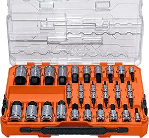Klein Tools 65233HEX Hex Bit Socket Set, 1/4, 3/8, 1/2-Inch Drives, Knurled, SAE (5/64 to 3/4 inch) and Metric (2 to 19mm) with MODbox Case, 32-Piece