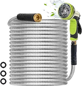 Metal Garden Hose 100FT - Heavy Duty Stainless Steel Metal Water Hose With 10 Function Nozzle, Lightweight, No Kink, Durable and Leak Proof Flexible Garden Hose for Yard, Outdoor