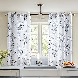 MYSKY HOME Floral Curtains 45 inch Long Thermal Insulated Light Filtering Soft Curtains for Bedroom Bathroom Grommet Top Leaf Flower Drapes, 2 Panels, Navy Blue