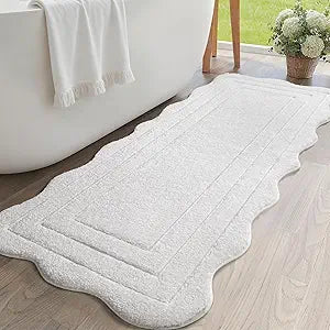 Long Bathroom Runner Rug 24x60, Extra Non Slip Washable Bath Mats, Soft Absorbent Quick Dry Large Bath Rugs, Scalloped Bathmat for Bathroom, Tub, Floor Carpet, Sink, Shower, White