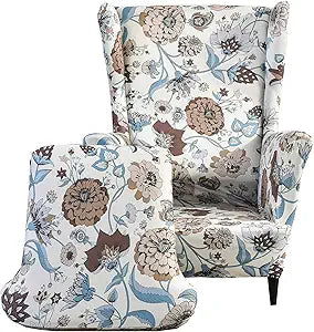 CRFATOP Wingback Chair Covers 2 Pieces Stretch Printed Wing Back Chair Cover Sofa Slipcover Washable Wingback Armchair Slipcovers Furniture Protector with Elastic Bottom for Wingback Chairs,B19