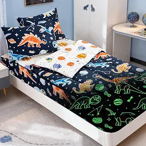Meeting Story 3pcs Zipper Bedding Twin Kids Space Dinosaur Glow in the Dark Comforter Set for Boys(Navy,Twin)
