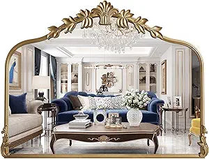 WallBeyond Gold Antique Mirror for Vanity 32x24 Inch, Gold Vintage Mirror with Ornate Frame, Arched Vintage Wall for Bathroom, Living Room, Fireplace
