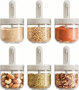 ShanSon 6-Piece Glass Spice Jars with Adjustable Spoon, 10.16oz /300ml Seasoning Containers with Airtight Lids, Moisture-Proof Condiment Pots, Spice Organizer for Kitchen Countertop & Pantry Storage