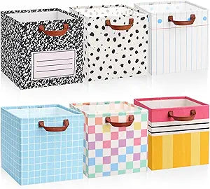 Mindsoft 6 Pack 11 Inch Cube Storage Bins Canvas Foldable Storage Cubes with Sturdy Leather Handles Multi Colored Baskets for Closet Toys Clothes Room Decor (Composition Notebook)
