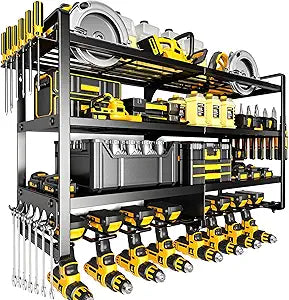POKIPO Large Power Tool Organizer Wall Mount,4 Layers Heavy Duty Metal Loads 400lbs,Power Tool Shelf Battery Storage with 8 Cordless Drill Holder,Utility Racks for Garage Workshop