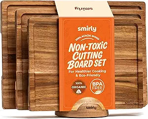SMIRLY Acacia Wood Cutting board for Kitchen - Wood Cutting Boards for Meal Prep, Serving, Charcuterie - Kitchen Gadgets, House Warming Gifts - Wooden Chopping Board Set of 3 with Holder