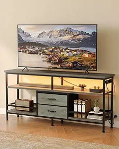 Lazzanto 55 Inch TV Stand, Entertainment Center for 43 to 65 Inch TVs with LED Lights & Removable Charging Station, Modern Media Console Table with Open Storage Shelves & Fabric Drawers, Grey