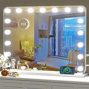 Hasipu Vanity Mirror with Lights, 32" x 24" Hollywood Mirror, Makeup Mirror with 17 Dimmable Bulbs and 10X Magnification, 3 Colors Modes, Touch Control, USB Charging Port, Type-C (Round White)