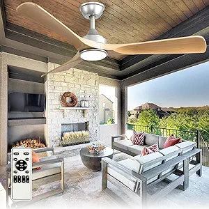 Outdoor Ceiling Fan with Light: 52 Inch 3 Blade Outdoor Fans for Patios - Modern Wood Ceiling Fan with Dimmable Light Remote APP Control Ultra Quiet Reversible DC Motor Timer