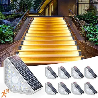 Kondras Motion Sensor Solar Stair Lights Outdoor, 8-Pack Super Bright LED Solar Powered Step Lights for Outside, 550LM IP67 Waterproof Outdoor Sensor Lights for Stair Porch Yard Deck, Warm White