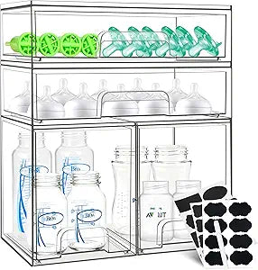 Baby Bottle Organizer, 4 Pack Stackable Storage Drawers with Labels, Clear Station Organizers Container for Pacifiers, Pump Parts, Desk Organizer Bins for Bathroom, Cabinet, Pantry, Vanity, Countertop