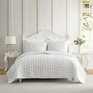 Laura Ashley - Queen Quilt Set, Soft & Reversible Cotton Percale Bedding, 3 Piece Floral Bed Set with Matching Pillowcases (Rosebud Stripe/Whitaker Vine Green)