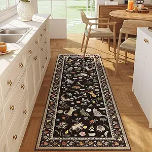 Rugcomf Runner Rug for Kitchen Non Slip 2'6''x8' Washable Rugs with Rubber Backing Soft Floral Animal Cat Carpet Runner for Kitchen Laundry Bedroom Bathroom, Black