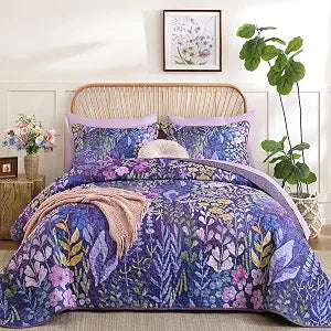 Xruibed Quilt Set Queen Size 3 Pieces Purple Floral Quilt Sets Reversible Bedspreads Bedding Set Soft and Cozy Microfiber Lightweight Quilt Flower Plant Bed Coverlet Sets for All Season(Queen 96"x90")
