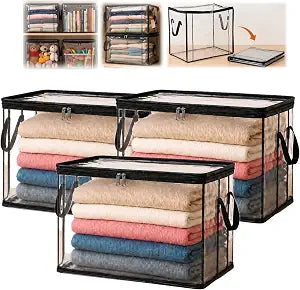 Extra Large Clear Pvc Storage Bags with Zipper Handles Heavy Duty Thick Plastic Clear Storage Bins for Clothes Blankets Toys Moving Foldable Closet Organizer Storage Containers (3, Black, L)