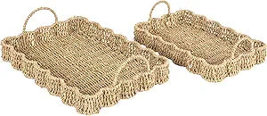 Household Essentials Woven Seagrass Scalloped Rectangular Trays, Set of 2, Natural