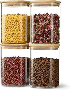 D2scrma 37oz Airtight Glass Square Storage Canister with Bamboo Lid Set of 4 (1100ml) Container Stackable Jar, Kitchen Canister for Pantry Noodles, Flour and Coffee beans (with Black Lable)