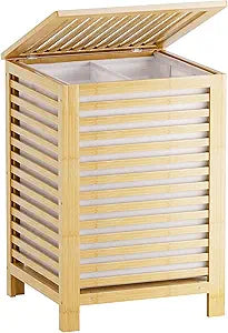 SMIBUY Double Laundry Hamper with Lid, 120L Bamboo Laundry Basket with Removable Liner Bag, 2-Section Clothes Divider Laundry Sorter for Laundry Room, Bathroom, Bedroom (Natural)