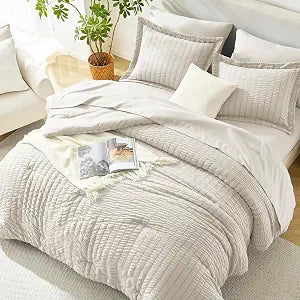 HIMEET Queen Comforter Set, 7-Piece Seersucker Bed in a Bag, Beige