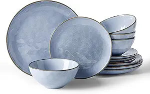 Famiware Dinnerware Sets for 4, Ocean Round 12-Piece Kitchen Plates and Bowls Sets, Reactive Glaze, Microwave and Dishwasher Safe, Scratch Resistant, Blue