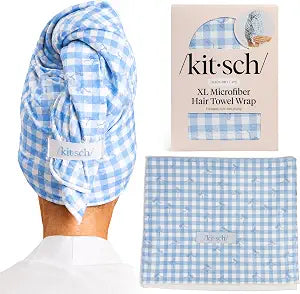 Kitsch XL Microfiber Hair Towel Wrap for Women - Gingham Blue