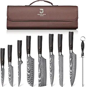 DRAGON ROIT Japanese Knives Set Damascus Pattern Chef Knife Set for Kitchen with Roll Bag, Sharp Stainless Kitchen Knife Set Brown Handle
