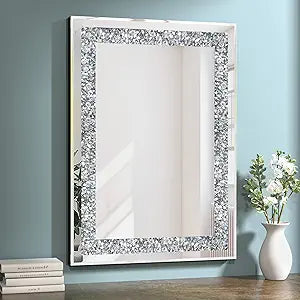 Crystal Decorative Mirror-36 x24 Gorgeous Silver Mirror, Crush Diamond Mirror for Wall Decoration Bedroom, Bathroom, Dining Room and Living Room