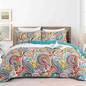 Nanko Quilt Set Queen/Full Size 3 Pcs - Bohemian Teal Colorful Boho Floral Paisley Scallop Bedspreads, Soft Lightweight Coverlet Bed Spread Quilted Thin Comforter Bedding Sets for Women 90x96 inch | Breathable Material